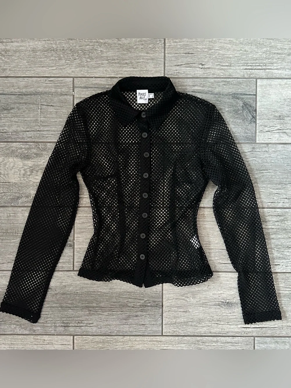 Princess Polly Black Open Knit Mesh Button-Down Long Sleeve Top